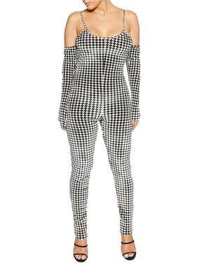 NWOT Naked Wardrobe Houndstooth Velour Cold Shoulder Jumpsuit Small